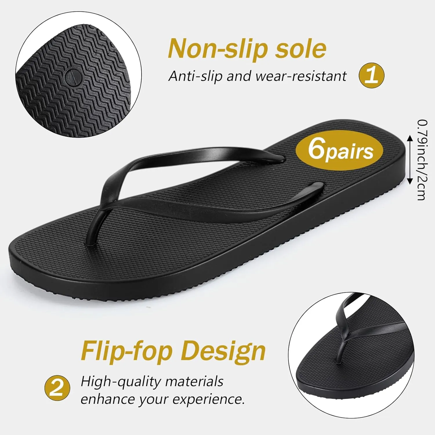 6 Pairs Slim Flip Flops for Women Black Beach Thong Sandals Soft Rubber Shower Shoes Reusable Summer Flip Flops for Women Shower Indoor and Outdoor