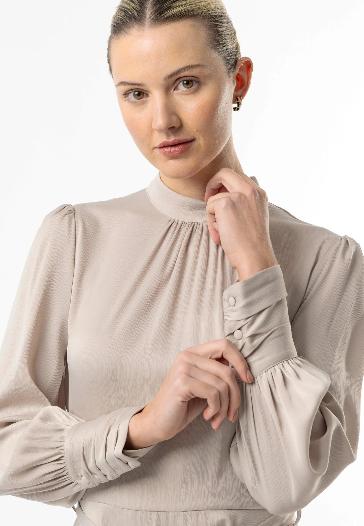 Angeleye Satin High Neck Mini Dress With Tie Waist In Beige