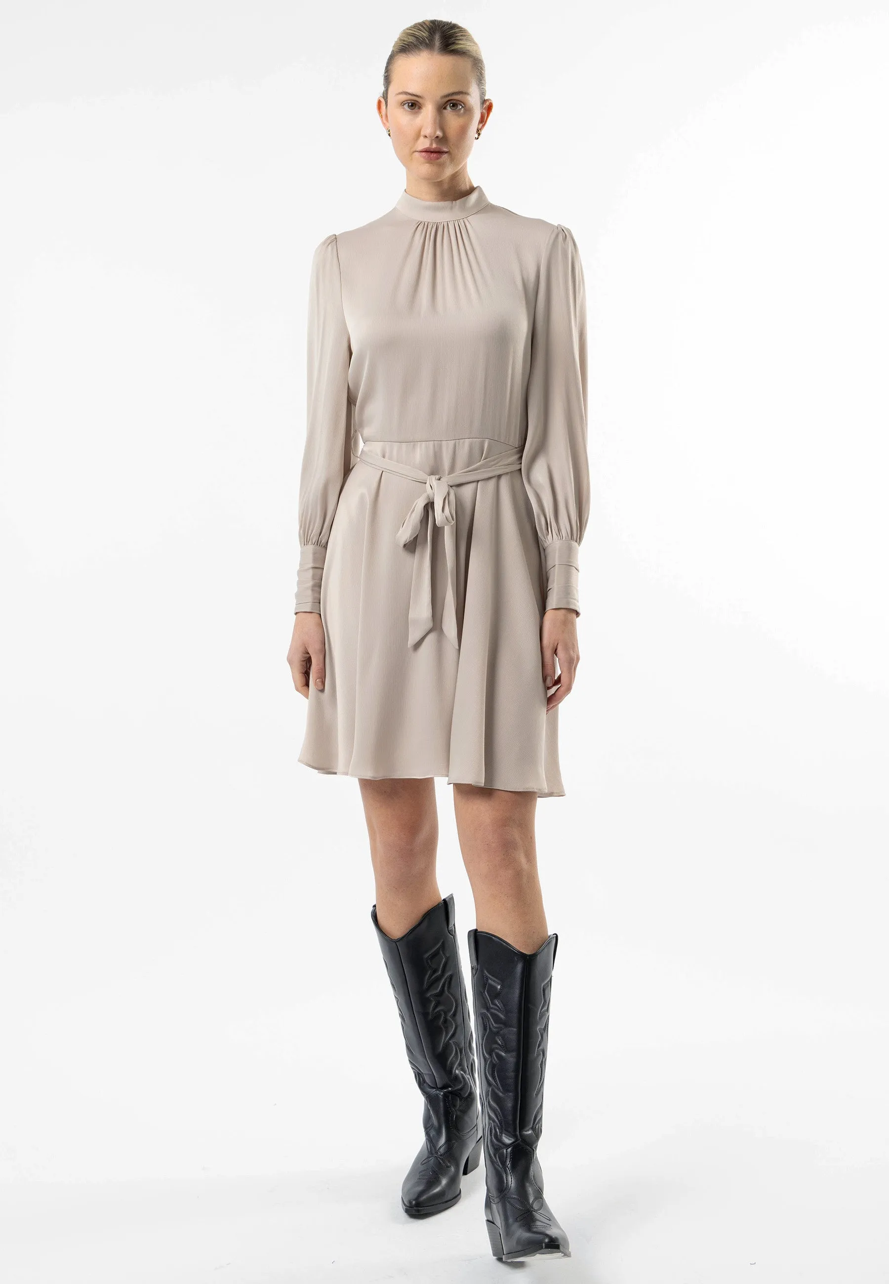 Angeleye Satin High Neck Mini Dress With Tie Waist In Beige