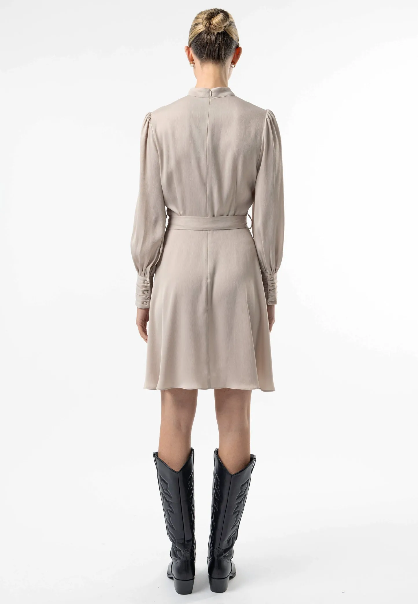 Angeleye Satin High Neck Mini Dress With Tie Waist In Beige