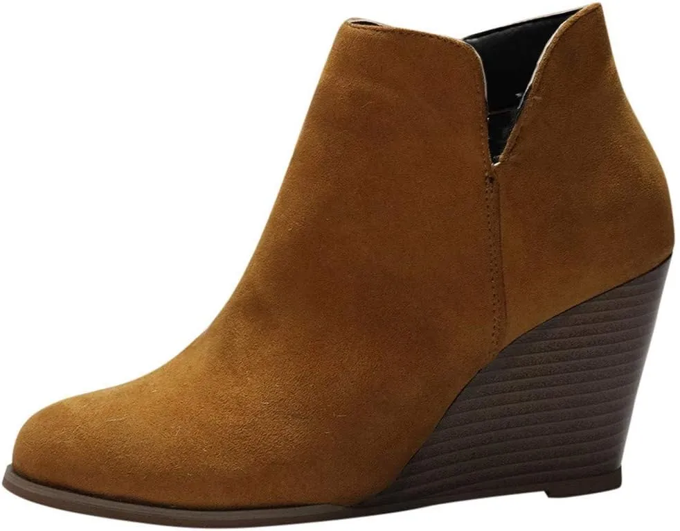 Ankle Booties for Women Low Heel,Wedges Ankle Booties Retro V Cutout Comfy Short Boots Flock Leather Zip Closure Stacked Chunky Block Heels Shoes