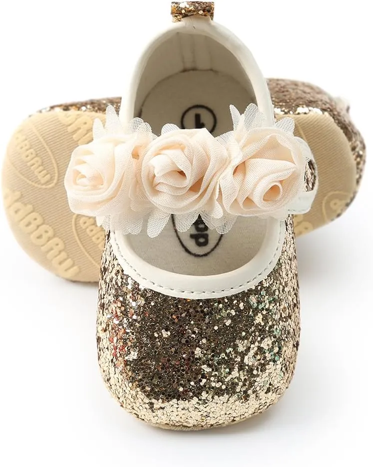 Antheron Baby Girls Mary Jane Flats Soft Sole Infant Moccasins Floral Sparkly Toddler Princess Dress Shoes