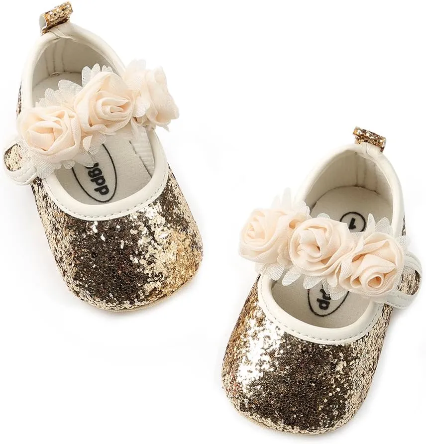 Antheron Baby Girls Mary Jane Flats Soft Sole Infant Moccasins Floral Sparkly Toddler Princess Dress Shoes