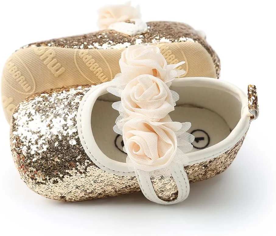 Antheron Baby Girls Mary Jane Flats Soft Sole Infant Moccasins Floral Sparkly Toddler Princess Dress Shoes
