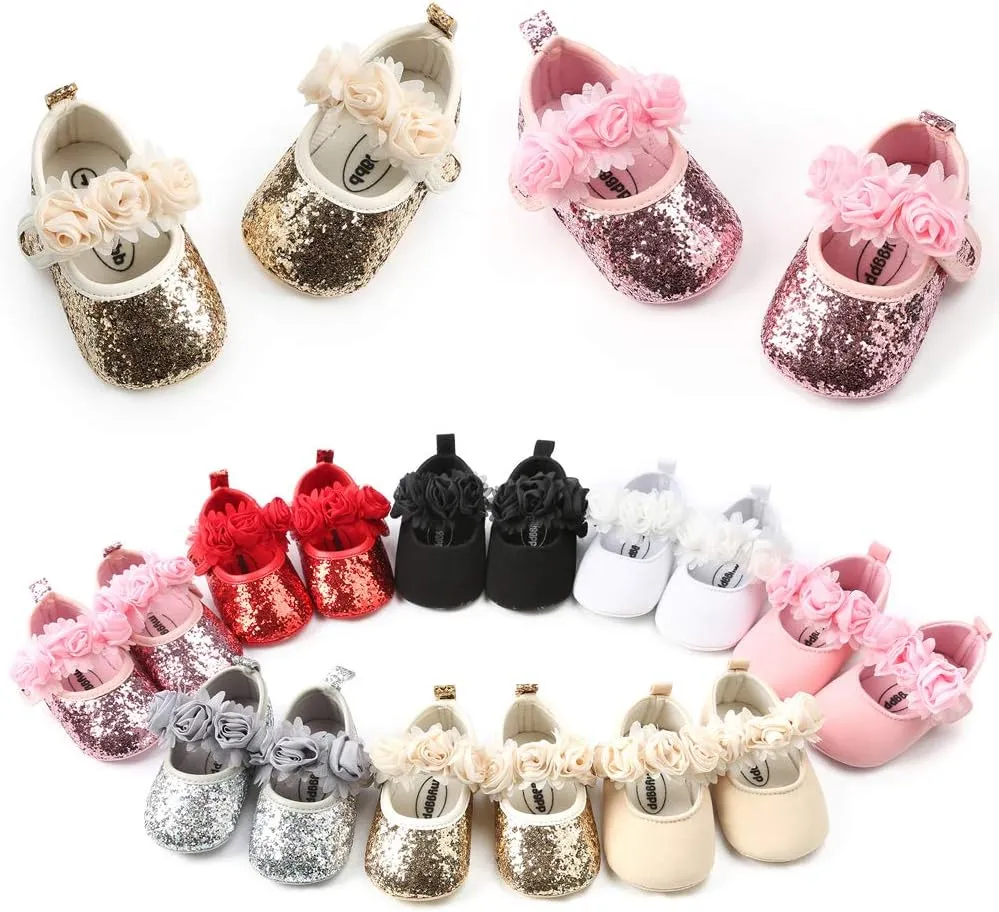 Antheron Baby Girls Mary Jane Flats Soft Sole Infant Moccasins Floral Sparkly Toddler Princess Dress Shoes