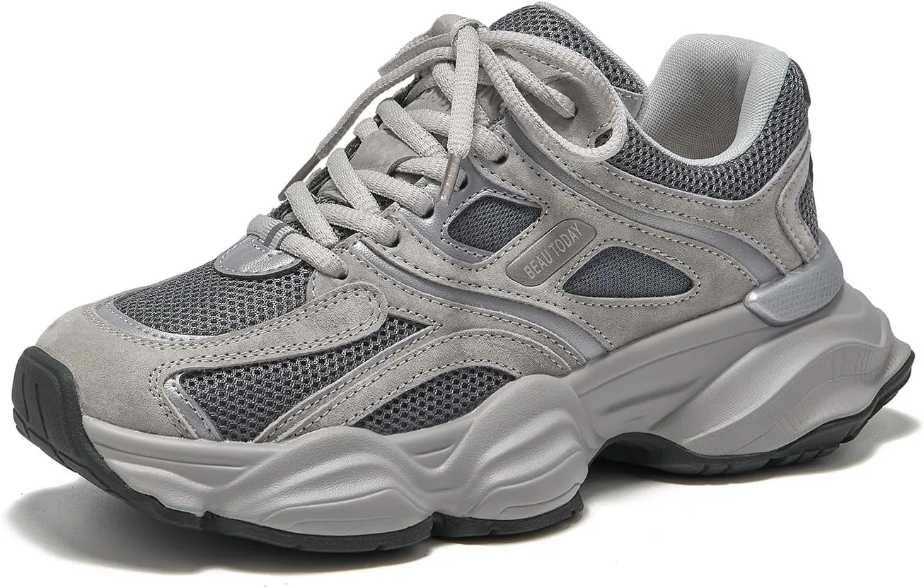 BEAU TODAY Womens Walking Shoes, Casual Fashion Wide Sneakers for Women, Comfortable Retro Walkikng Sneakers, Lightweight Breathable Non-Slip Trainer Workout Gym Athletic Running Shoes