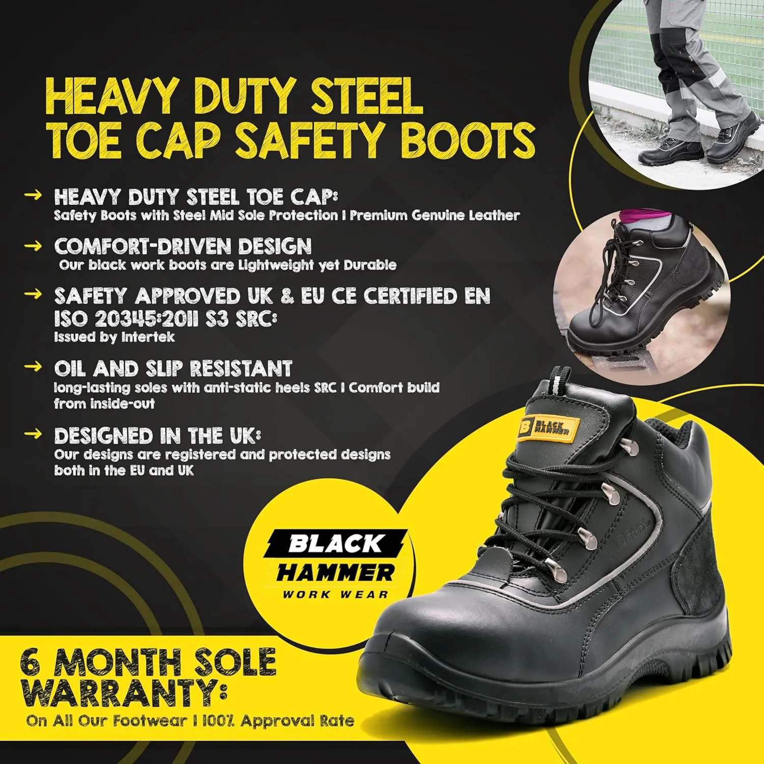 Black Hammer Mens Safety Boots Steel Toe Cap S3 SRC Work Shoes Ankle Leather 7752