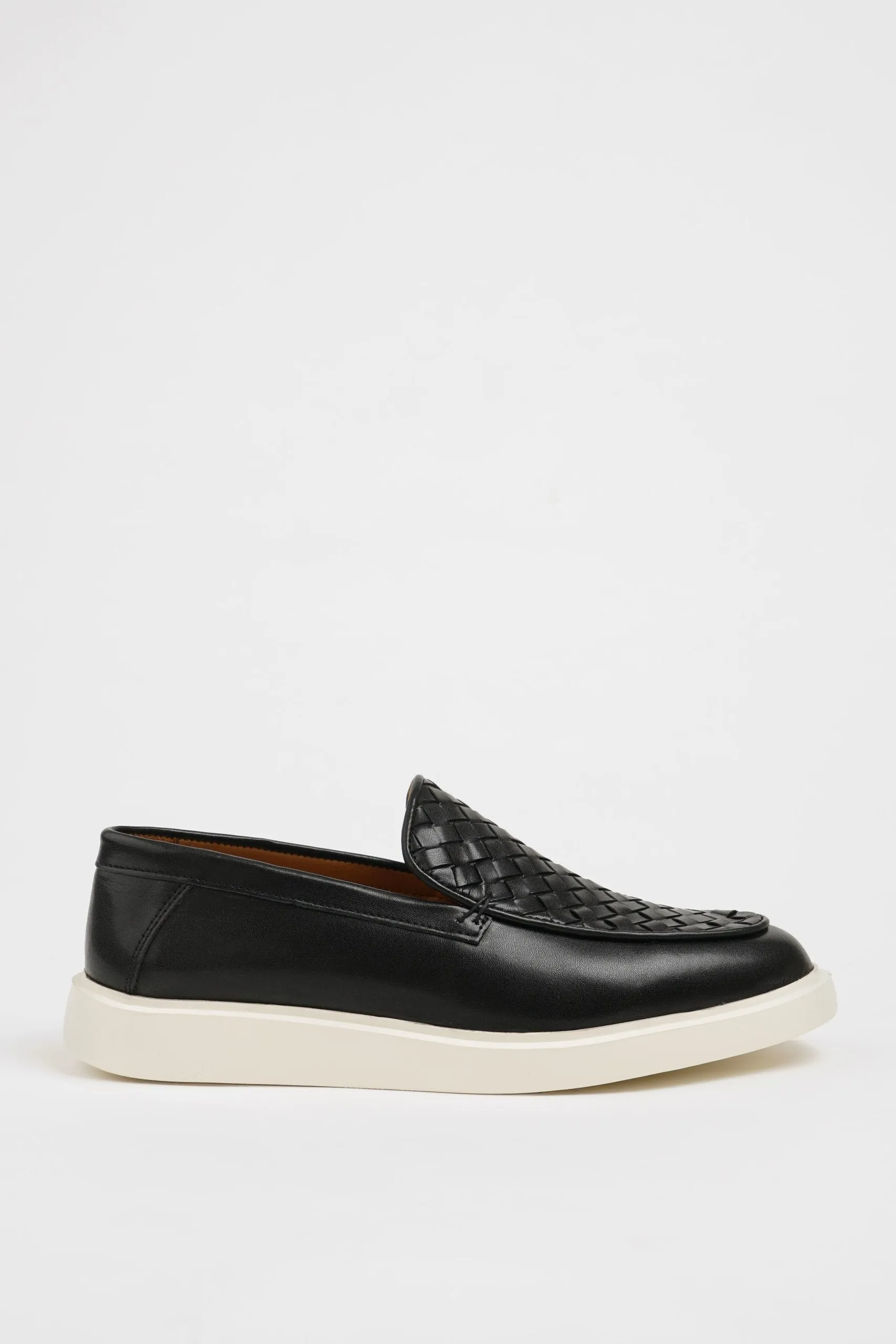 Black Leather Casual Shoes with Knitted Detail.