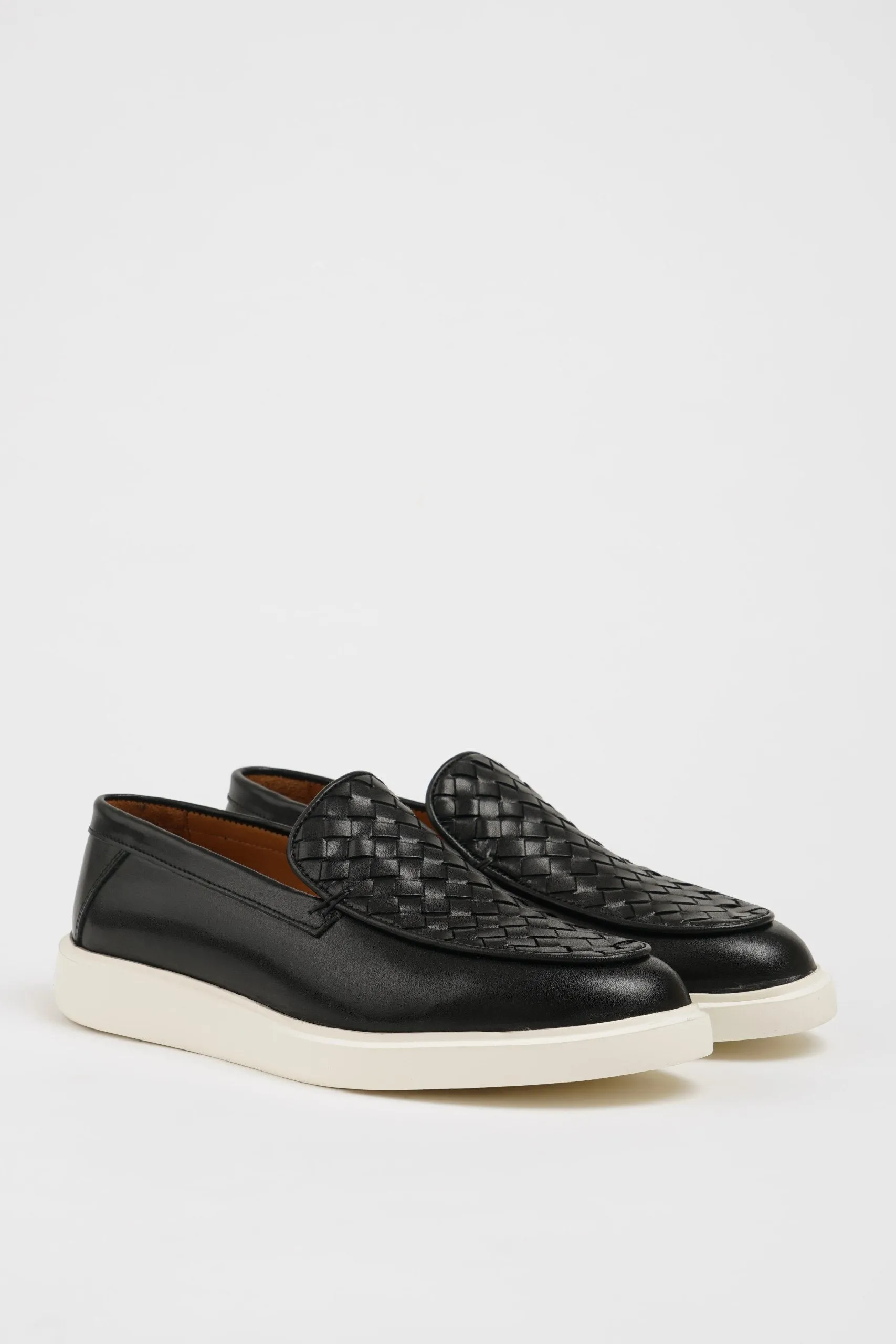Black Leather Casual Shoes with Knitted Detail.
