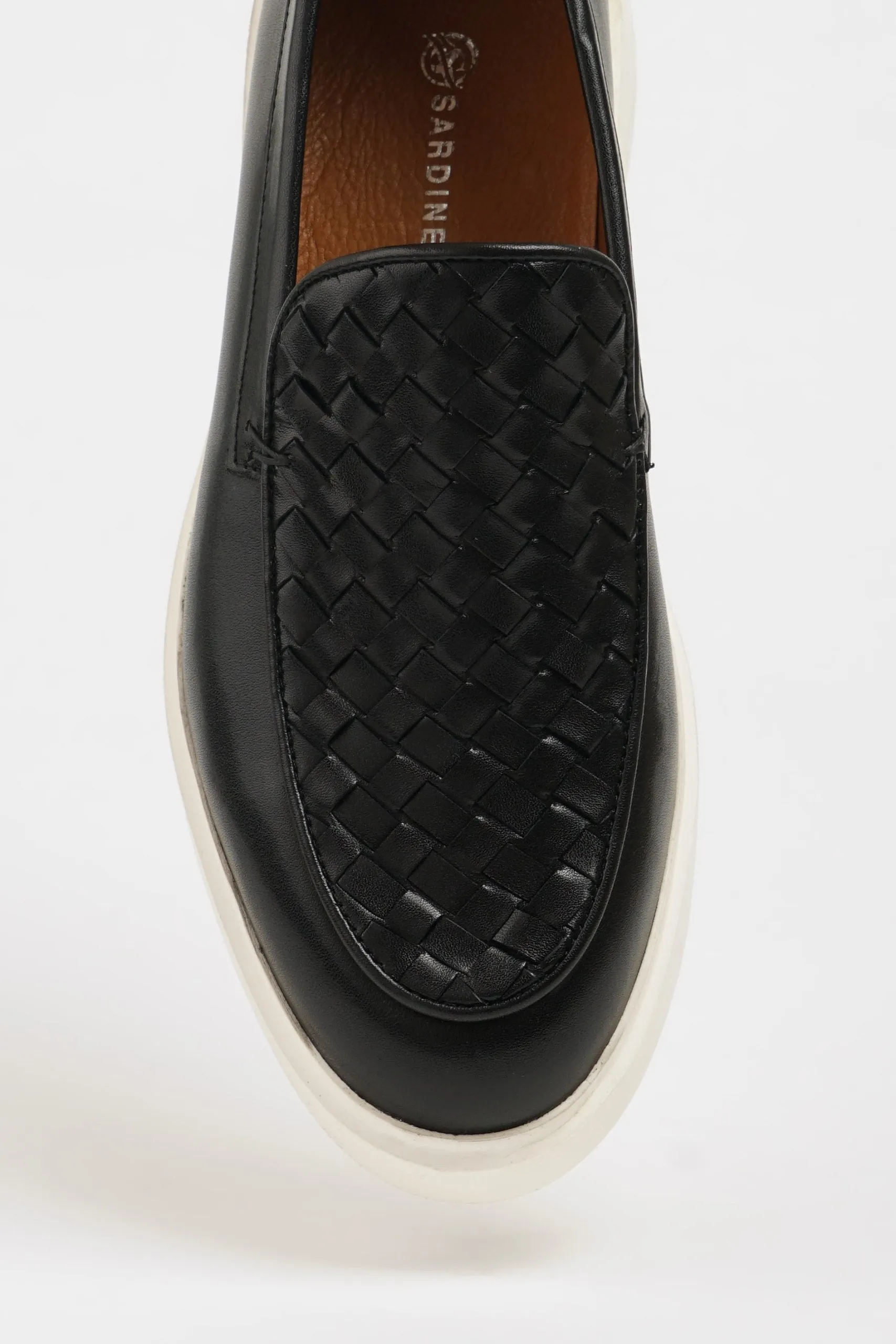 Black Leather Casual Shoes with Knitted Detail.