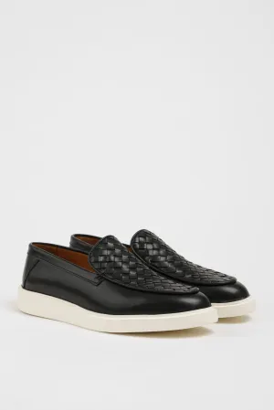 Black Leather Casual Shoes with Knitted Detail.