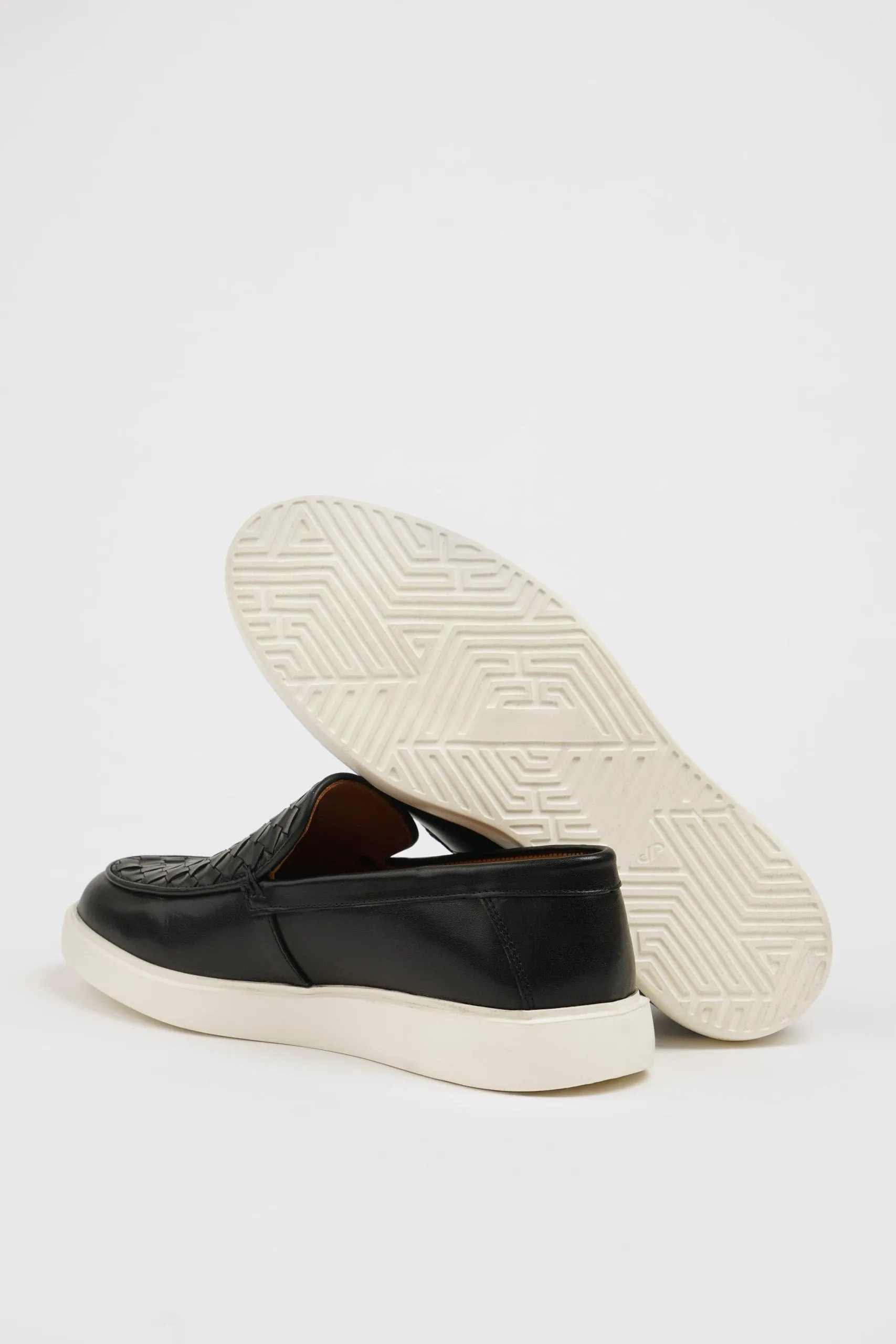 Black Leather Casual Shoes with Knitted Detail.