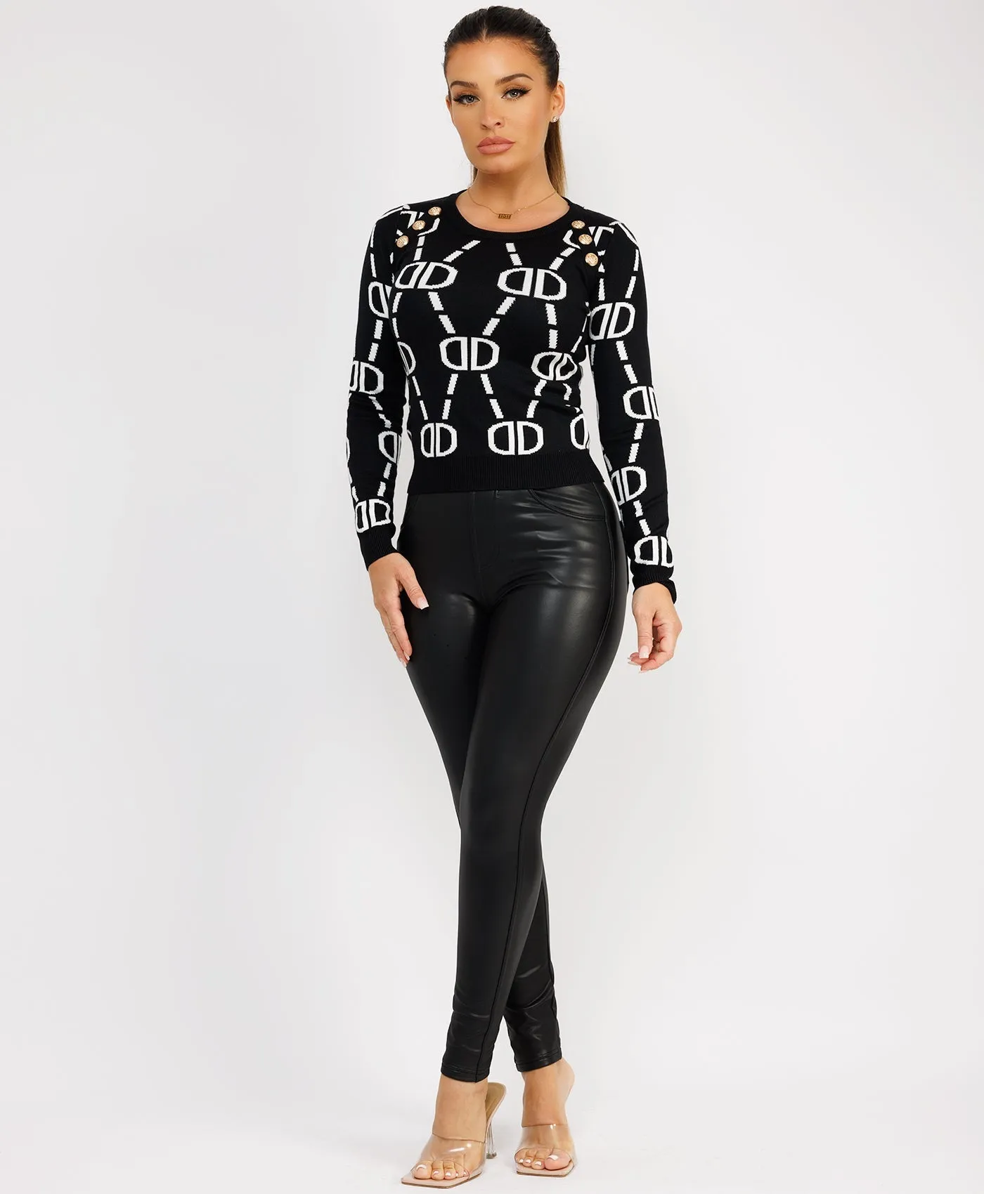 Black White D Patterned Monogram Knitted Gold Button Jumper Top