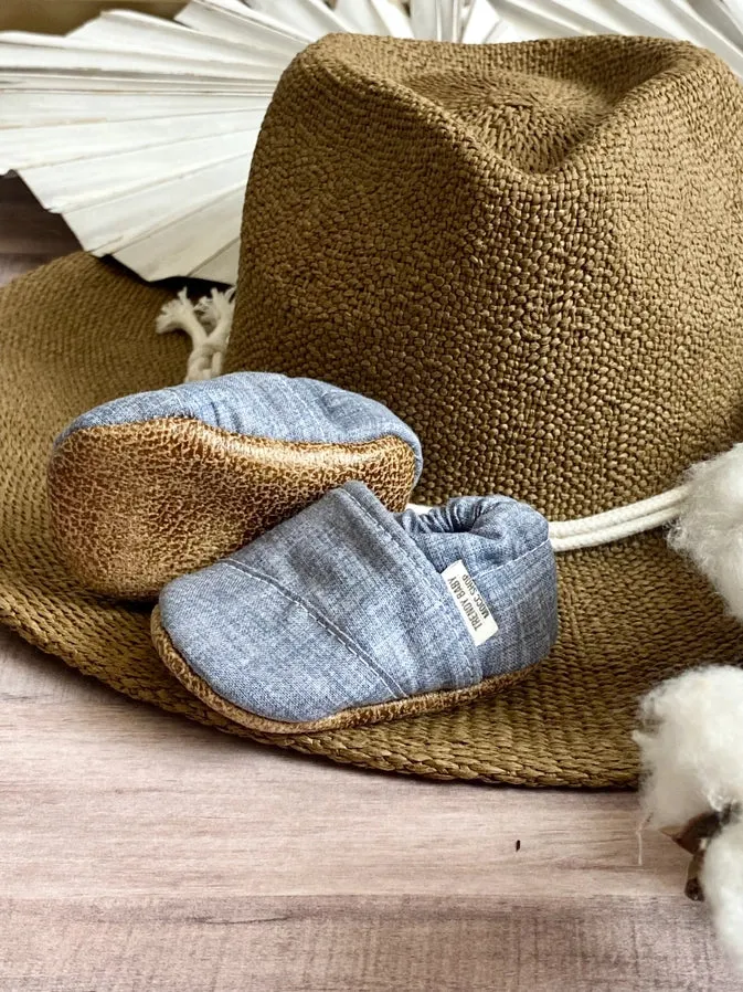 Blue Linen Angled Moccs by Trendy Baby Mocc Shop