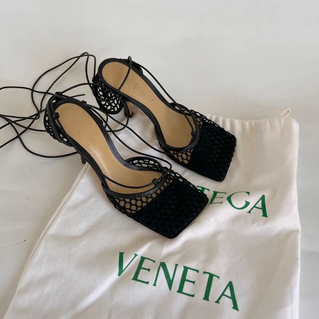 Bottega Veneta black mesh stretch mules, 37.5