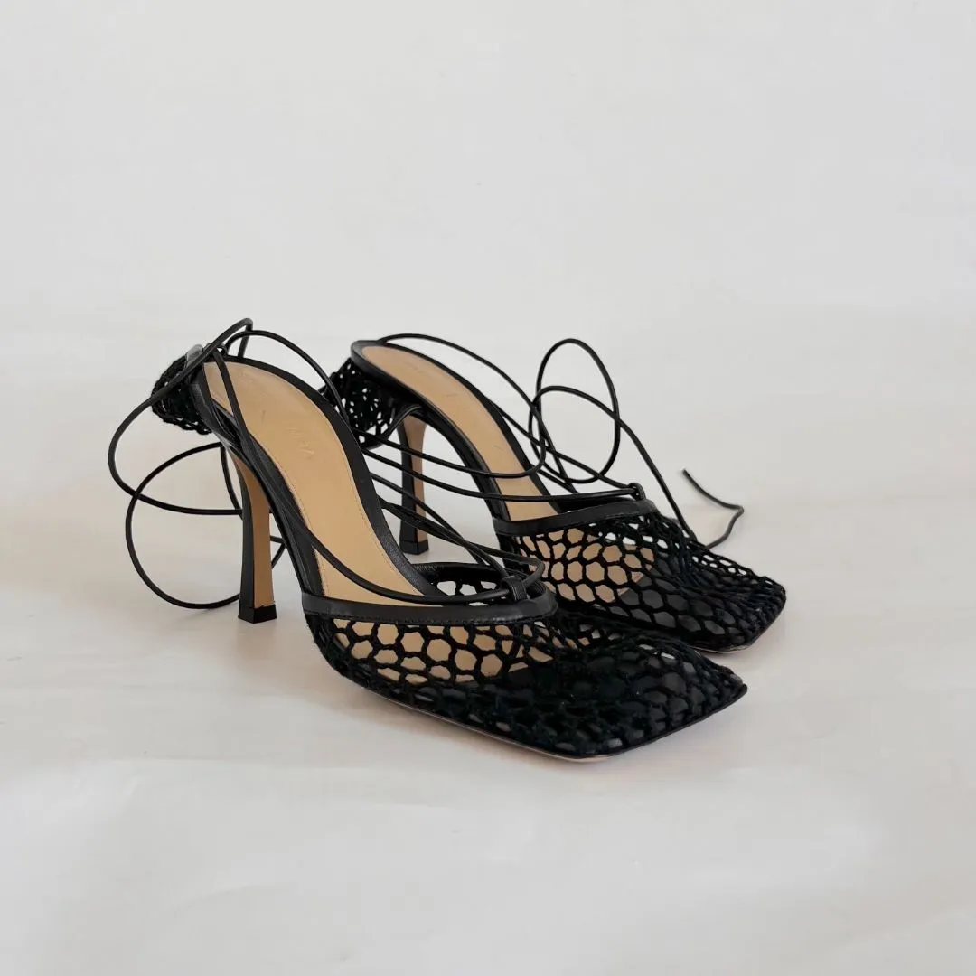 Bottega Veneta black mesh stretch mules, 37.5
