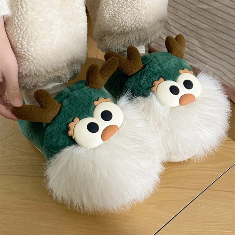 Cartoon Christmas Deer Slippers – Warm Plush Winter Shoes for Women