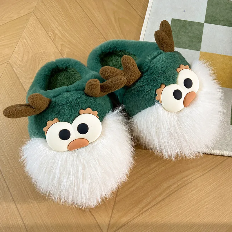 Cartoon Christmas Deer Slippers – Warm Plush Winter Shoes for Women