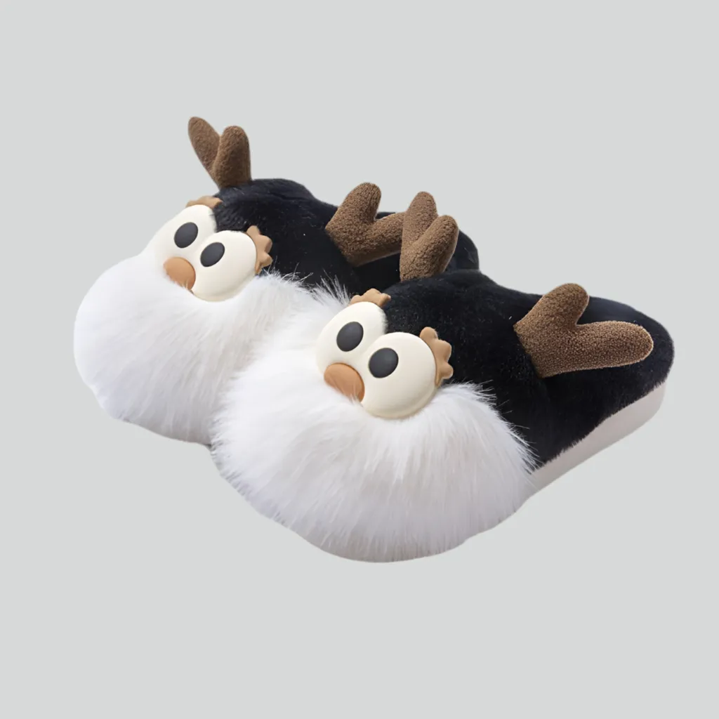 Cartoon Christmas Deer Slippers – Warm Plush Winter Shoes for Women