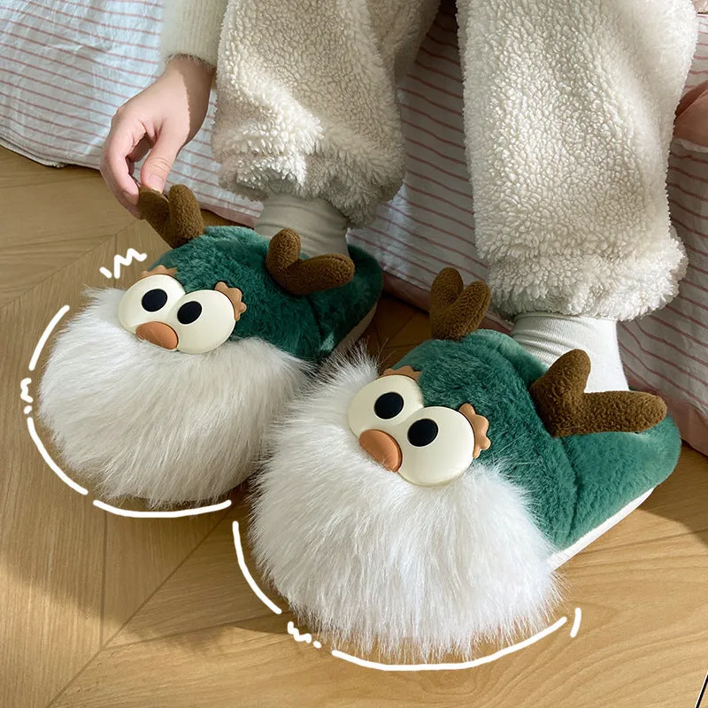 Cartoon Christmas Deer Slippers – Warm Plush Winter Shoes for Women