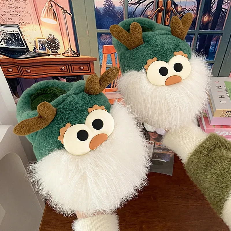 Cartoon Christmas Deer Slippers – Warm Plush Winter Shoes for Women