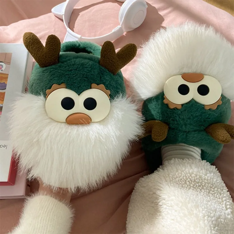 Cartoon Christmas Deer Slippers – Warm Plush Winter Shoes for Women