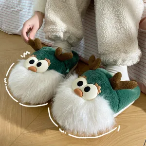 Cartoon Christmas Deer Slippers – Warm Plush Winter Shoes for Women