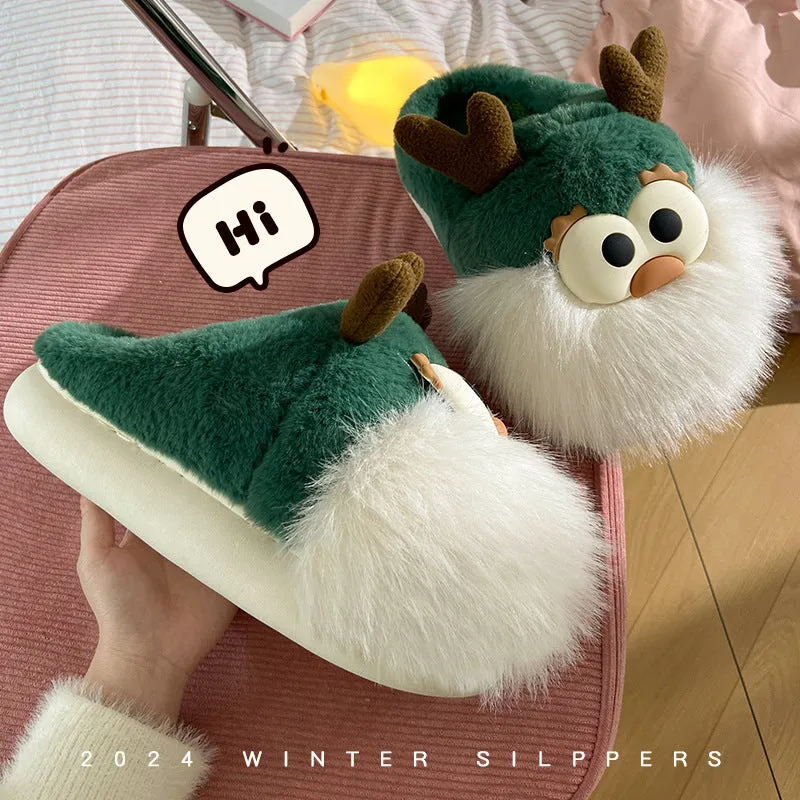 Cartoon Christmas Deer Slippers – Warm Plush Winter Shoes for Women