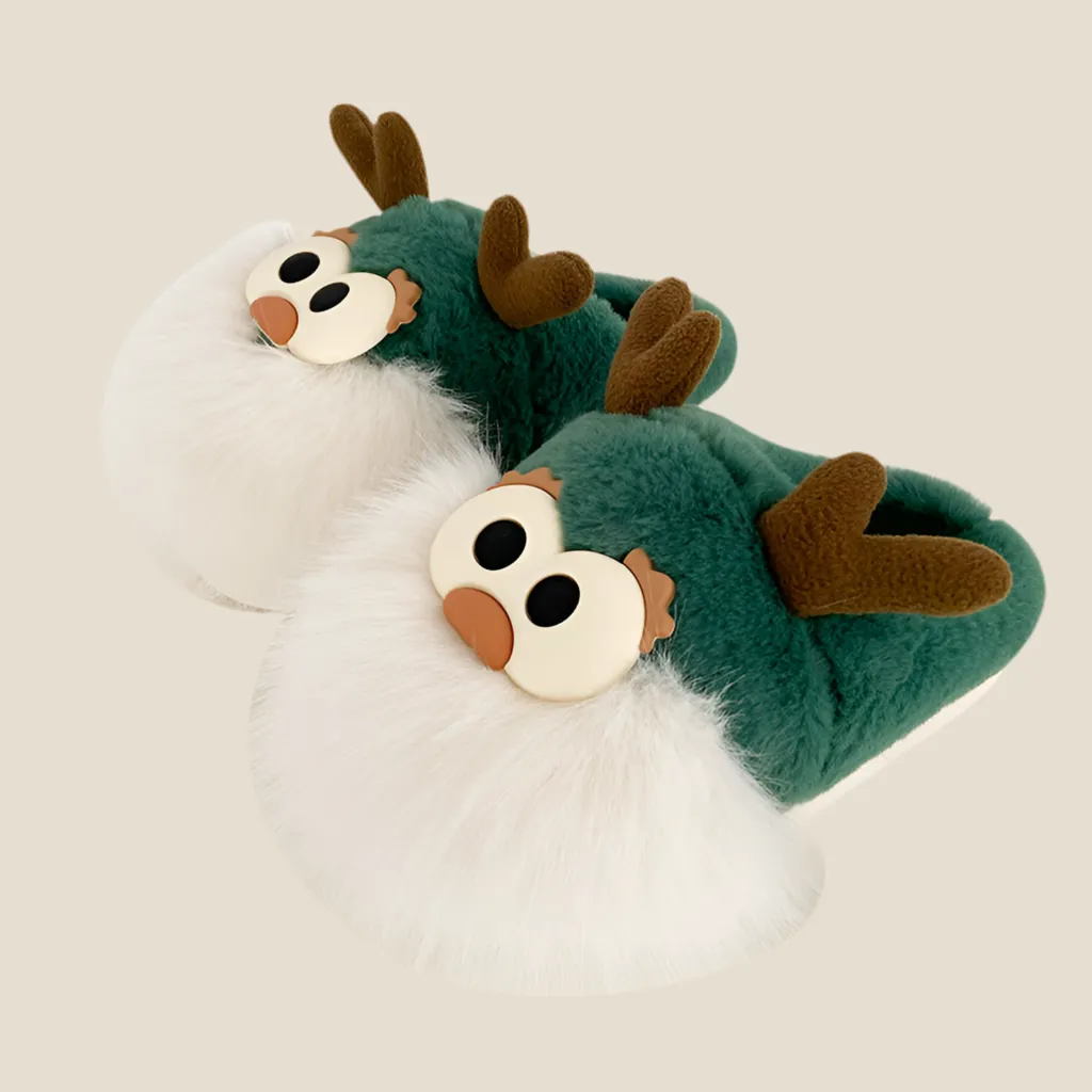 Cartoon Christmas Deer Slippers – Warm Plush Winter Shoes for Women