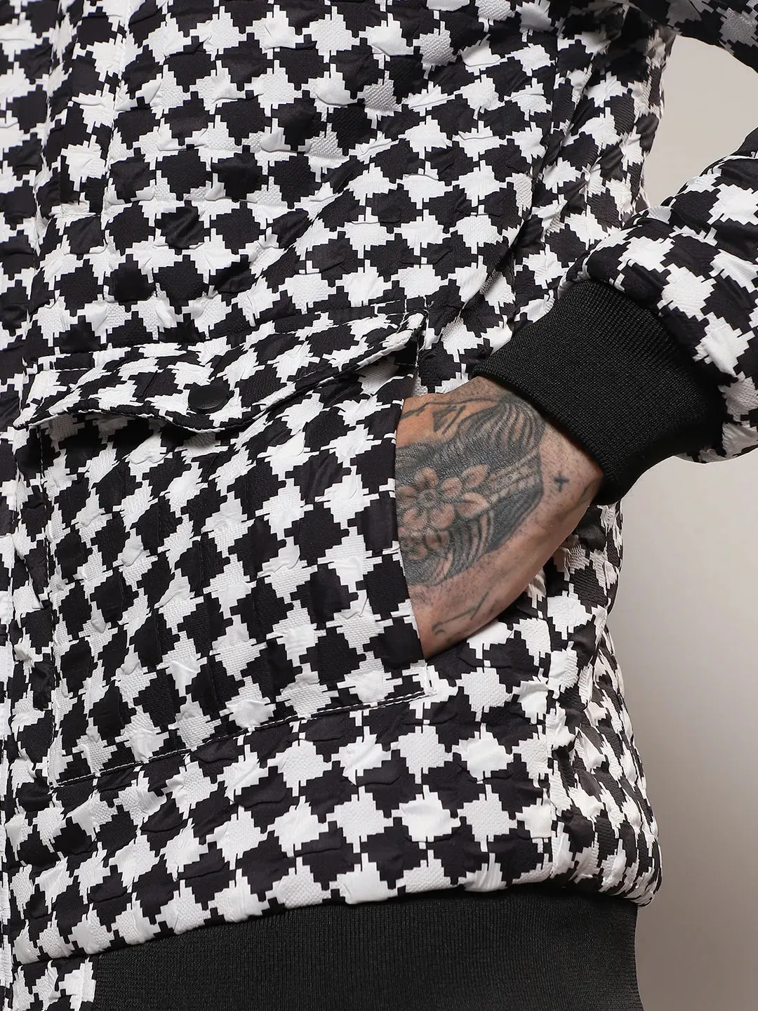 Checkboard Puffer Jacket With Fleece Hood