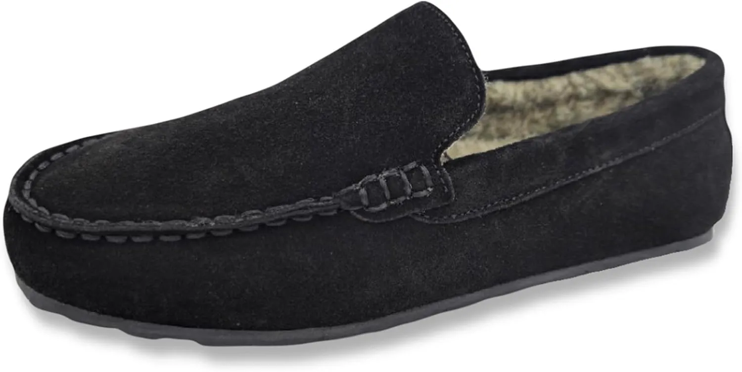 Clarks Mens Suede Moccasin Slippers Warm Cozy Indoor Outdoor Plush Faux Fur Lined Slipper For Men (10 M US, Black/Beige)