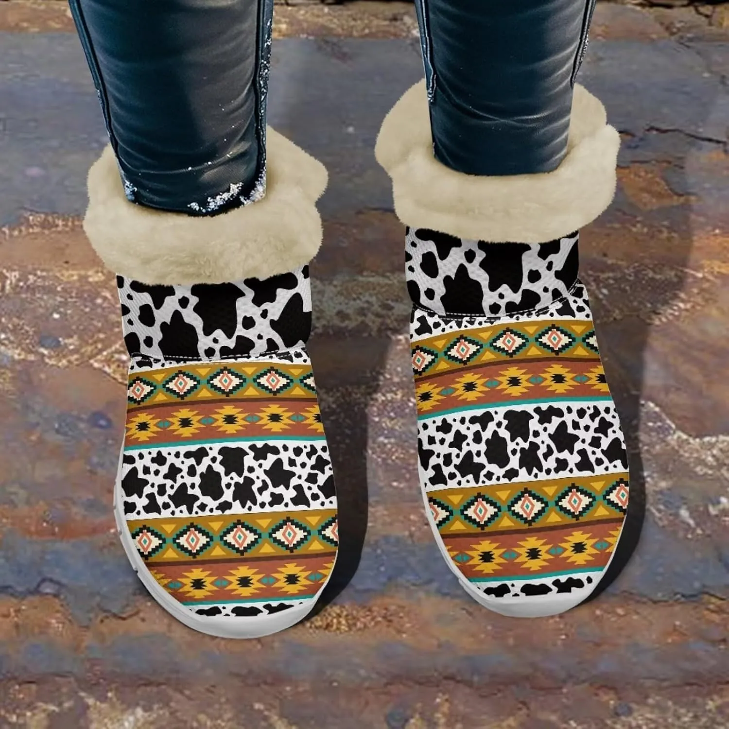 Cow Leopard Print Winter Snow Boots for Women Cold Weather Fuzzy Outdoor Shoes with Plush Collar