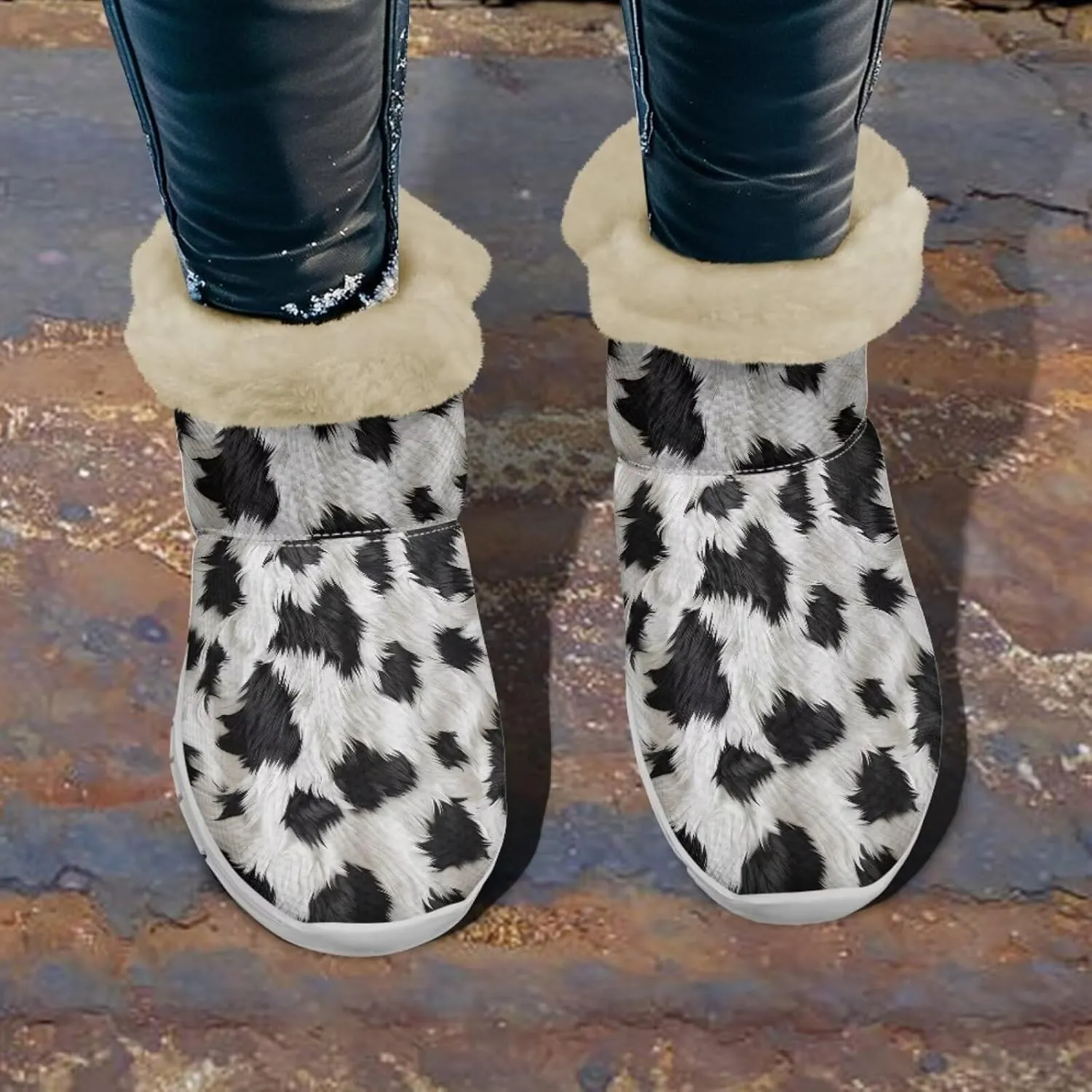 Cow Leopard Print Winter Snow Boots for Women Cold Weather Fuzzy Outdoor Shoes with Plush Collar