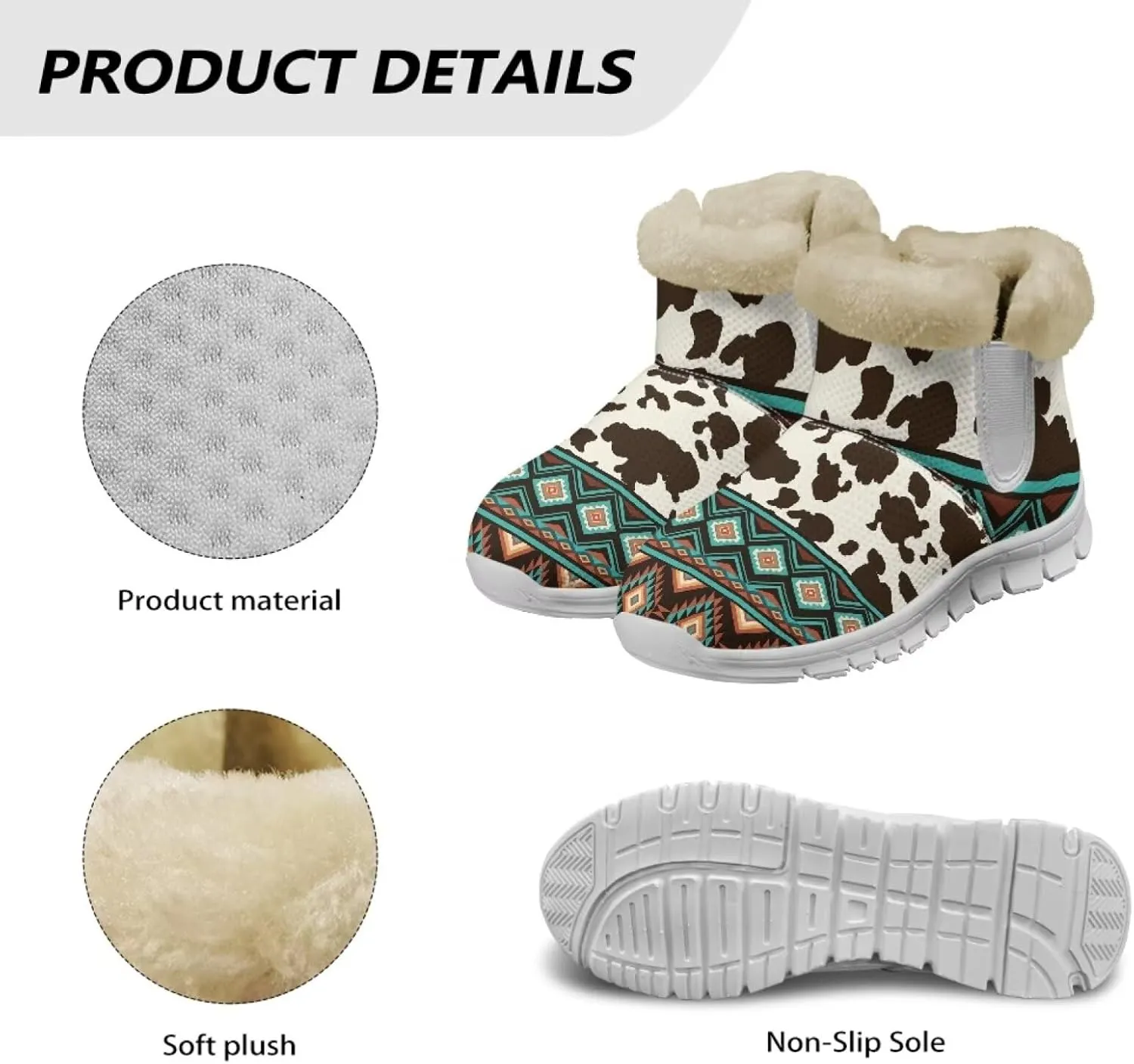 Cow Leopard Print Winter Snow Boots for Women Cold Weather Fuzzy Outdoor Shoes with Plush Collar