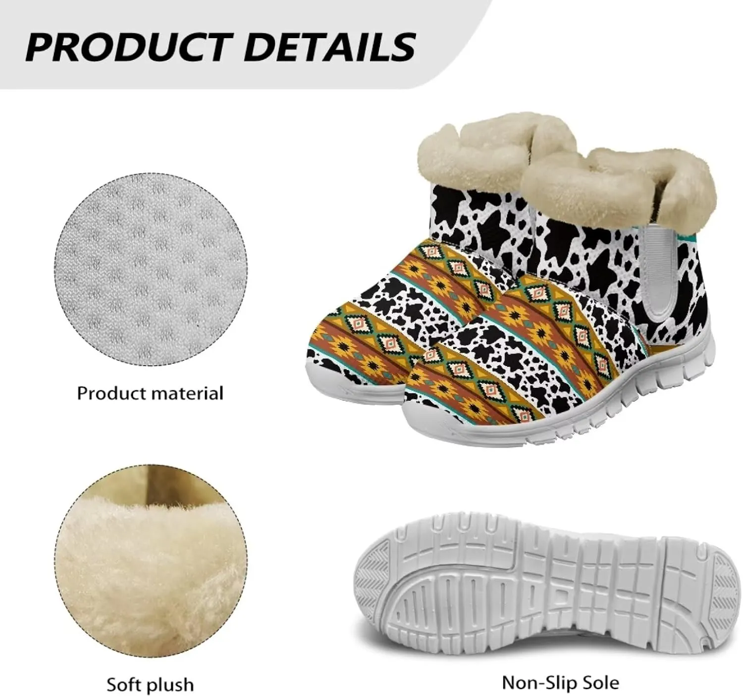 Cow Leopard Print Winter Snow Boots for Women Cold Weather Fuzzy Outdoor Shoes with Plush Collar