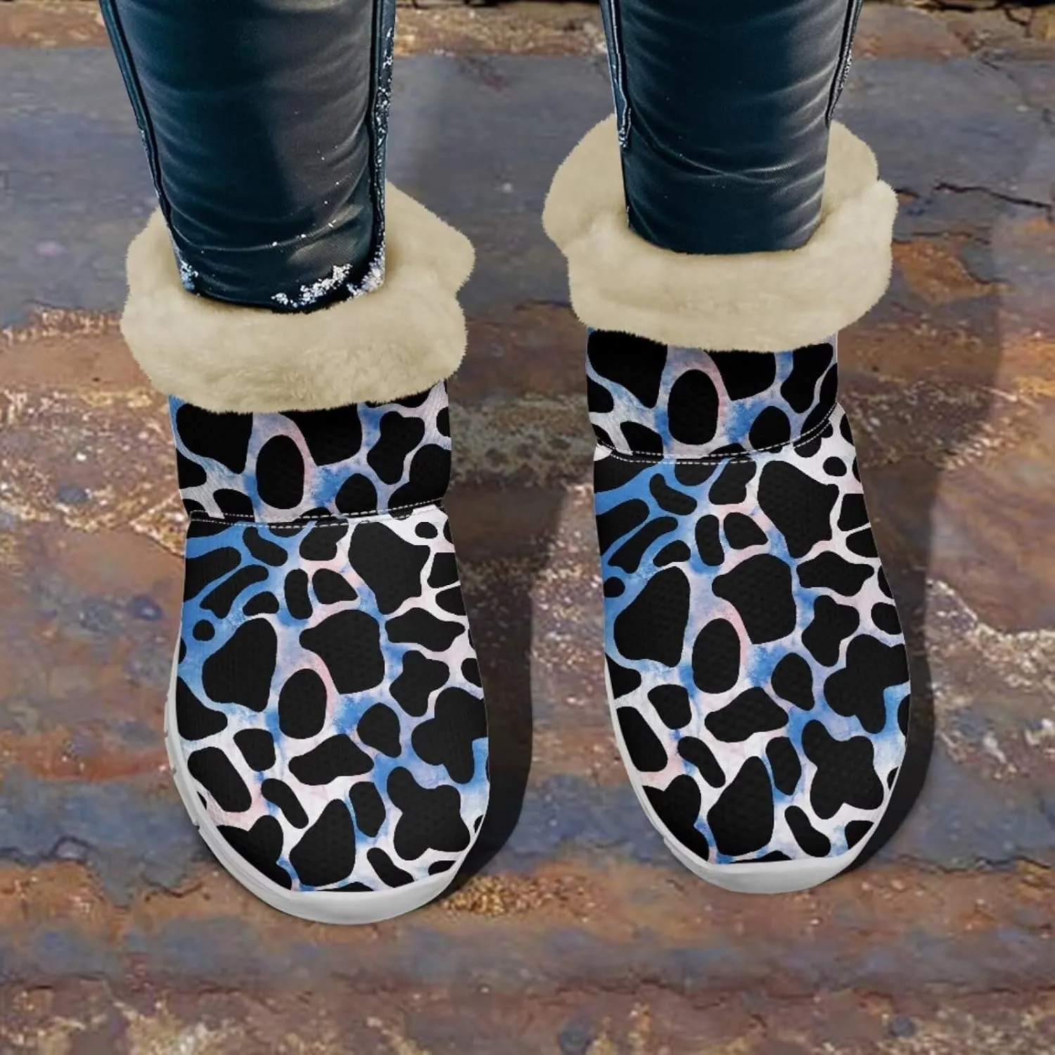 Cow Leopard Print Winter Snow Boots for Women Cold Weather Fuzzy Outdoor Shoes with Plush Collar