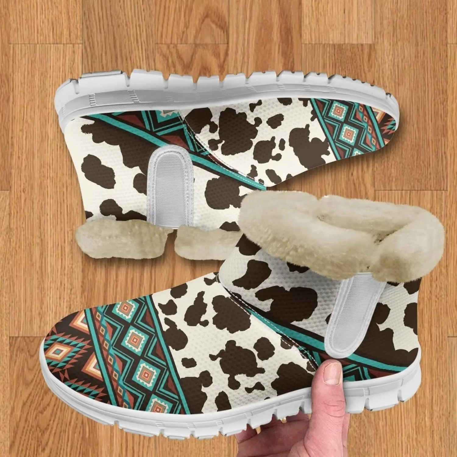 Cow Leopard Print Winter Snow Boots for Women Cold Weather Fuzzy Outdoor Shoes with Plush Collar