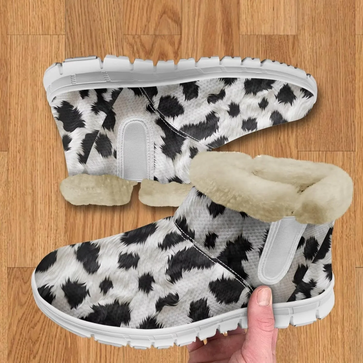 Cow Leopard Print Winter Snow Boots for Women Cold Weather Fuzzy Outdoor Shoes with Plush Collar