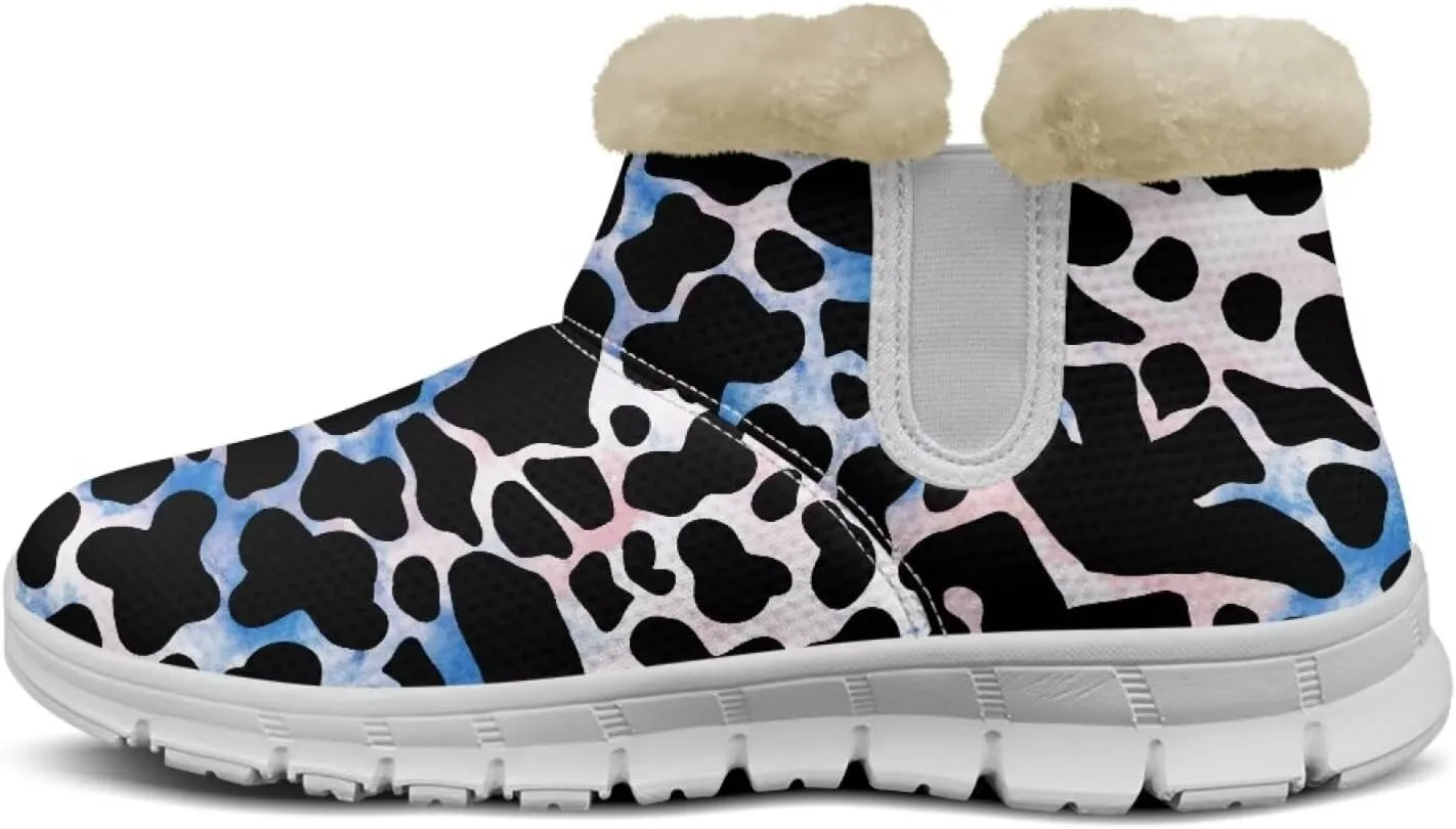 Cow Leopard Print Winter Snow Boots for Women Cold Weather Fuzzy Outdoor Shoes with Plush Collar