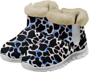 Cow Leopard Print Winter Snow Boots for Women Cold Weather Fuzzy Outdoor Shoes with Plush Collar