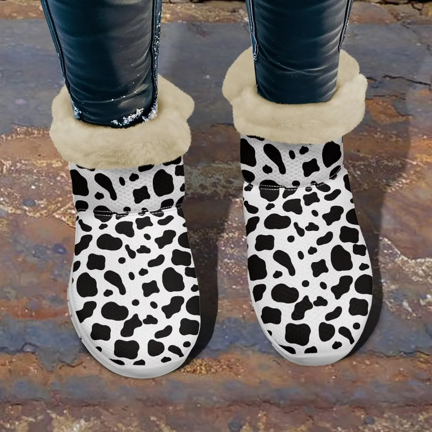 Cow Leopard Print Winter Snow Boots for Women Cold Weather Fuzzy Outdoor Shoes with Plush Collar
