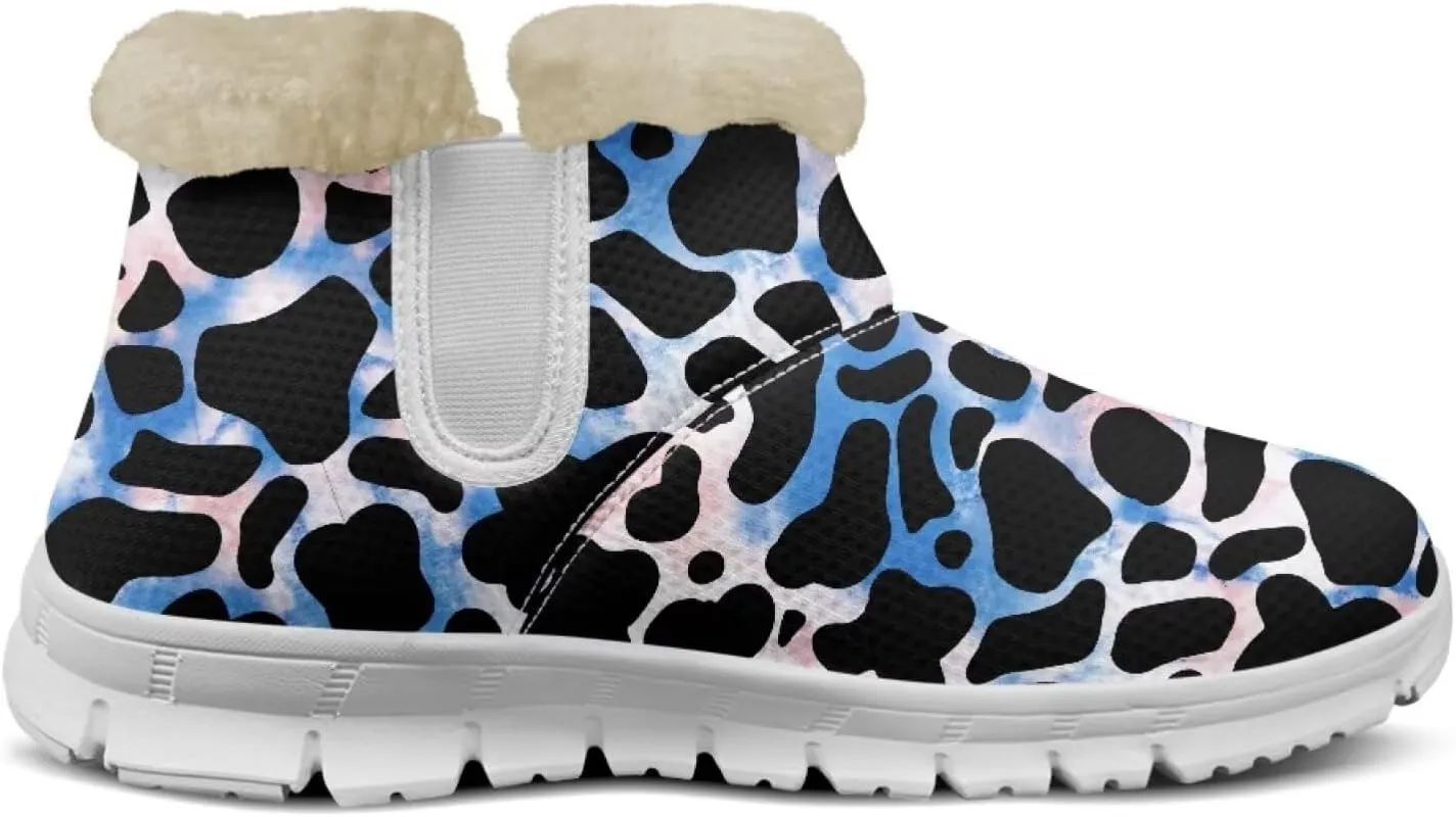 Cow Leopard Print Winter Snow Boots for Women Cold Weather Fuzzy Outdoor Shoes with Plush Collar