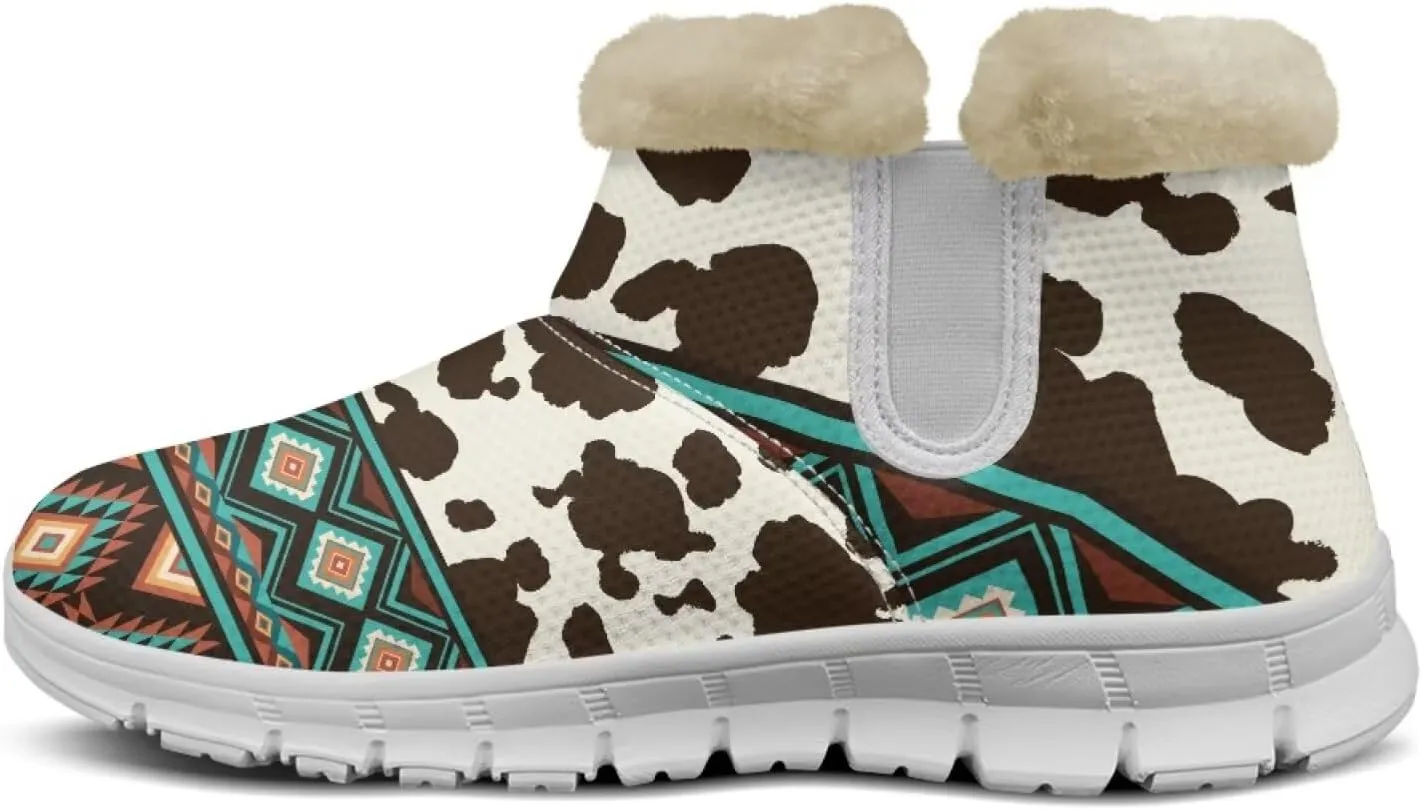 Cow Leopard Print Winter Snow Boots for Women Cold Weather Fuzzy Outdoor Shoes with Plush Collar