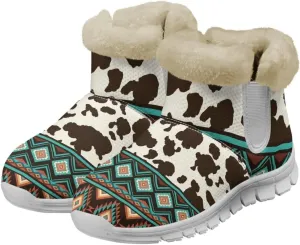 Cow Leopard Print Winter Snow Boots for Women Cold Weather Fuzzy Outdoor Shoes with Plush Collar