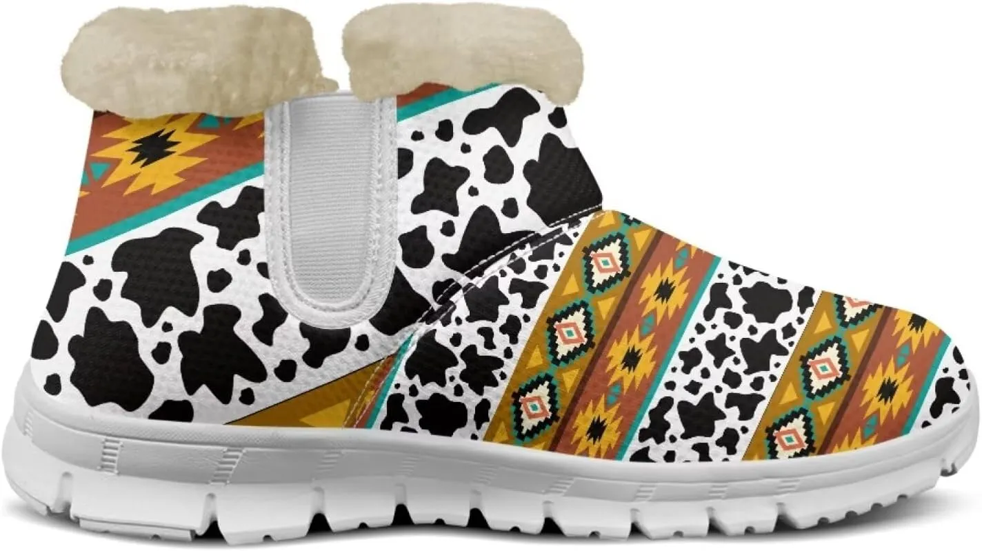 Cow Leopard Print Winter Snow Boots for Women Cold Weather Fuzzy Outdoor Shoes with Plush Collar