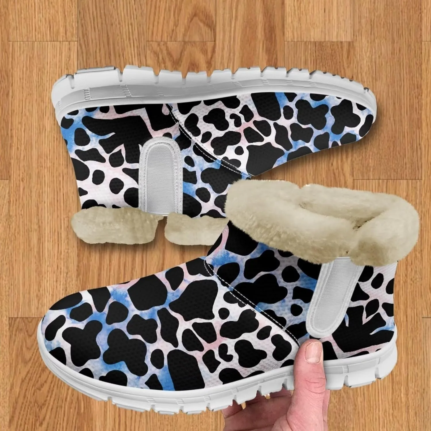 Cow Leopard Print Winter Snow Boots for Women Cold Weather Fuzzy Outdoor Shoes with Plush Collar