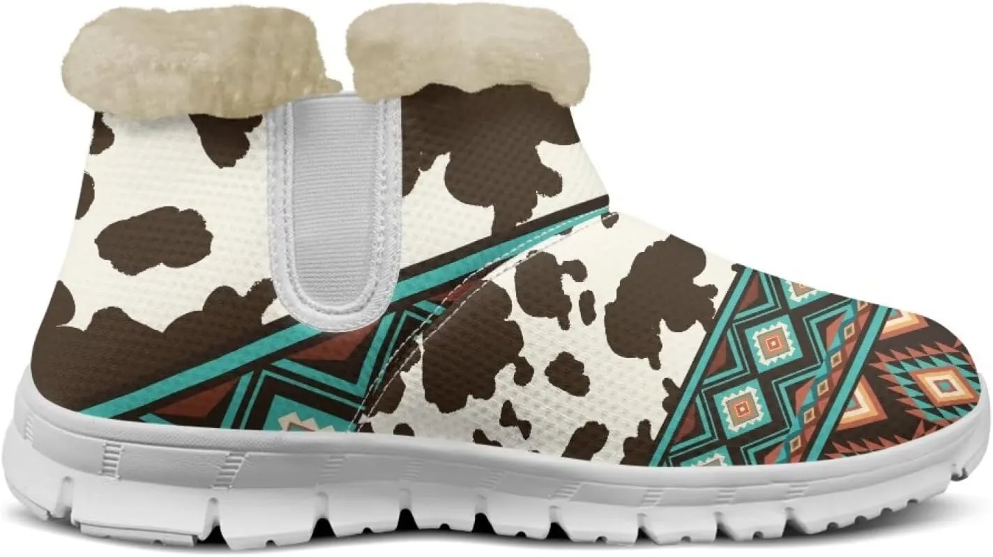 Cow Leopard Print Winter Snow Boots for Women Cold Weather Fuzzy Outdoor Shoes with Plush Collar