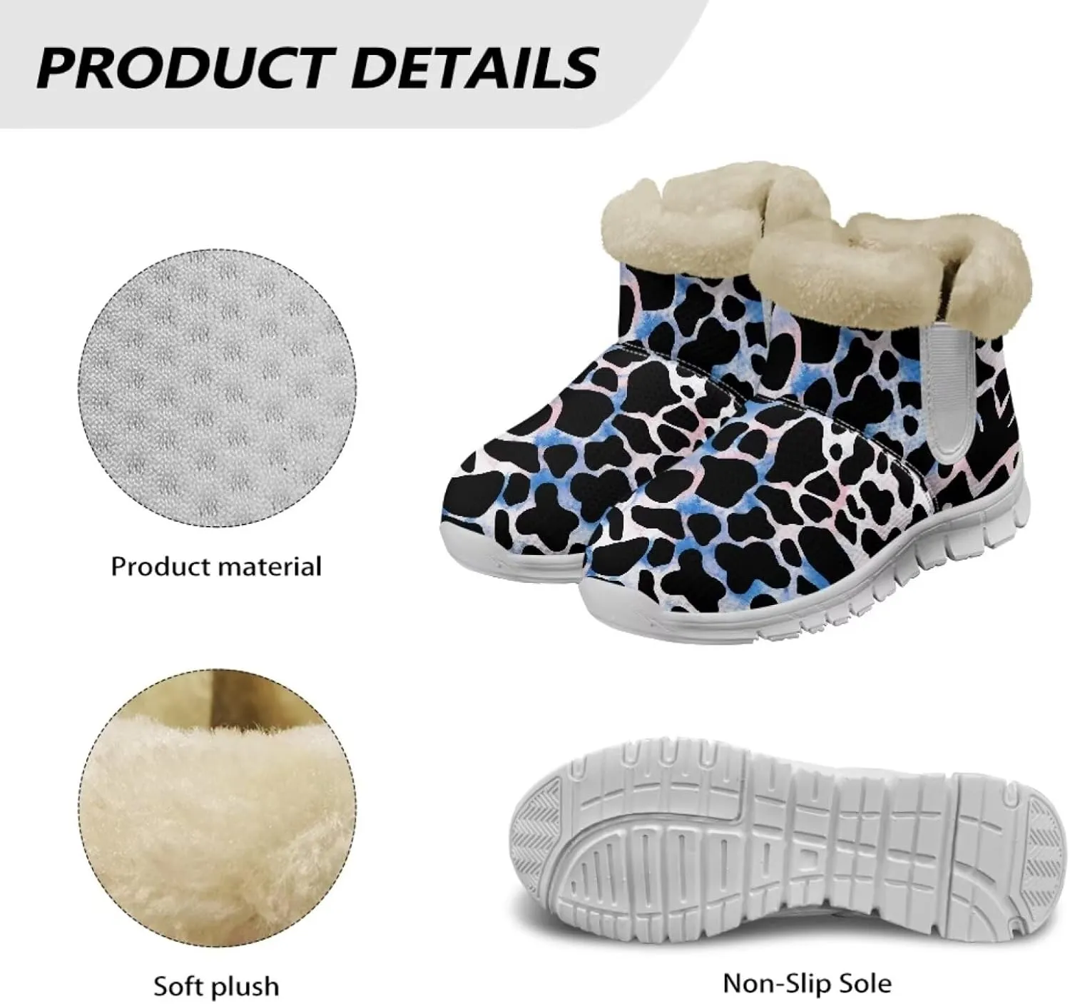 Cow Leopard Print Winter Snow Boots for Women Cold Weather Fuzzy Outdoor Shoes with Plush Collar