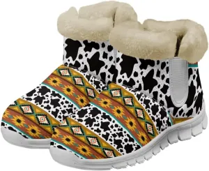 Cow Leopard Print Winter Snow Boots for Women Cold Weather Fuzzy Outdoor Shoes with Plush Collar