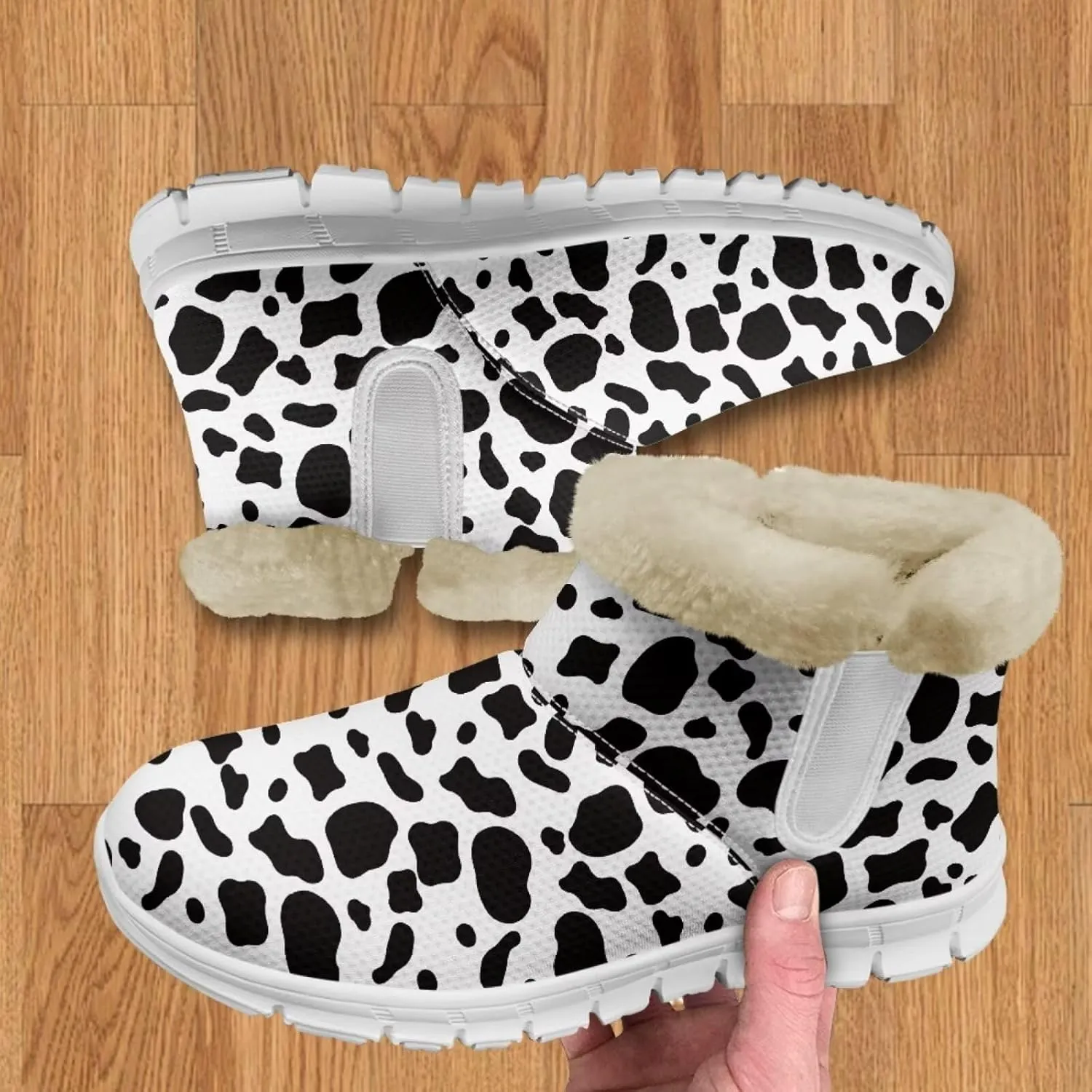 Cow Leopard Print Winter Snow Boots for Women Cold Weather Fuzzy Outdoor Shoes with Plush Collar